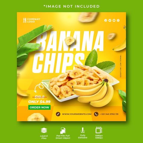 PSD banana chips social media instagram ... | Premium Psd #Freepik #psd #banana-chips #banana #nutrition-food #banana-background Banana Chips Logo Design Ideas, Banana Poster Design, Snacks Social Media Design, Banana Chips Packaging Design, Banana Chips Packaging, Snack Poster, Banana Background, Food Social Media Design, Product Design Poster