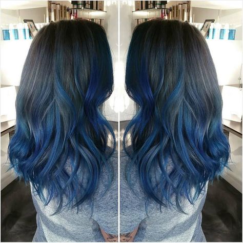 Blue Balayage by Brooke in North Whales! Brown To Blue Balayage, Blue Balayage Hair Brunettes, Underlights Hair Brunettes, Blue Balayage Hair, Balayage Hair Brunette With Blonde, Blue Balayage, Balayage Hair Blonde Long, Balayage Hair Caramel, Underlights Hair