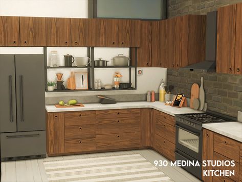 Sims 4 Industrial Bedroom, Sims Interior, Artsy Bedroom, Rustic Wood Cabinets, Set Room, Kitchen Loft, Bungalow Kitchen, Sims 4 Kitchen, Cc Sims4