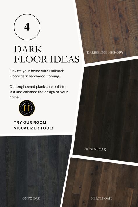 Looking to install dark hardwood floors in your home but not sure where what shade works best in your home? Try our room visualizer tool to see which shade amongst our dark floors can enhance your space. Vinyl Plank Flooring Colors, Dark Hardwood Flooring, Dark Flooring, Dark Hardwood Floors, Hallmark Floors, Hardwood Flooring Ideas, Flooring Types, Hardwood Floor Colors, Hardwood Floors Dark