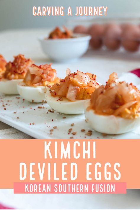 Kimchi Deviled Eggs, Southern Deviled Eggs Recipe, Southern Deviled Eggs, Recipe Korean, Organic Almond Milk, Dippy Eggs, Fusion Dishes, Appetizer Platters, Korean Recipes