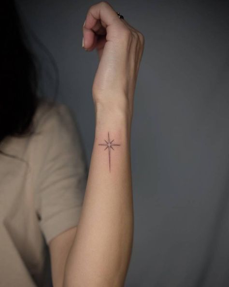 North Star Fine Line Tattoo, Compass Star Tattoo Design, North Star Tattoo Placement, North Star Tattoo Men, Four Stars Tattoo, The North Star Tattoo, Long Star Tattoo, Christmas Star Tattoo, Bethlehem Star Tattoo