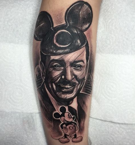 Walt Disney Portrait Tattoo, Walt Disney Tattoo, Anrijs Straume, Disney Portrait, Disney Sleeve, Tattoos With Kids Names, Disney Tattoo, Kids Names, Disney Tattoos