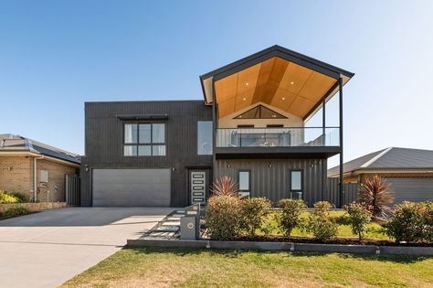 Shipping Container Homes Australia, Timber Feature Wall, Container Homes Australia, Master Ensuite Bathroom, Grand Designs Australia, Engineered Timber Flooring, Timber Staircase, Sea Containers, Family Compound