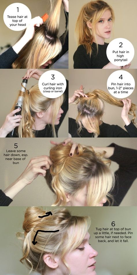 Step by step hairstyle. hey this cool for school. Romantic High Bun, High Bun Tutorial, Messy Bun Tutorial, Teased Hair, Hair Bun Tutorial, Bun Tutorial, High Bun, Easy Hairstyle, Bun Hair