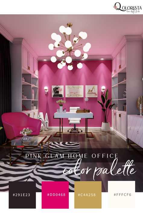 Color Palette Ideas - Pink Glam Home Office Diva Home Office Ideas, Glam And Office Room, Colored Office Design, Glamour Office Decor, Diva Office Ideas, Office With Pink Walls, Pink Couch Office Ideas, Pink Office Cabinets, Pink At Home Office