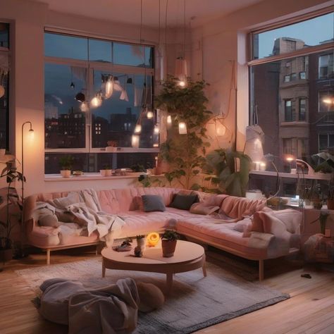 Cozy aesthetic new york apartment at night for artsy roomates Simple Bedroom Decor For Couples, Small New York Apartment Aesthetic, Apartment At Night, City Apartment Aesthetic, New York Apartment Aesthetic, Cozy Loft Apartment, Apartment Bedroom Decor For Couples, City Apartment Decor, Adult Bedroom Decor