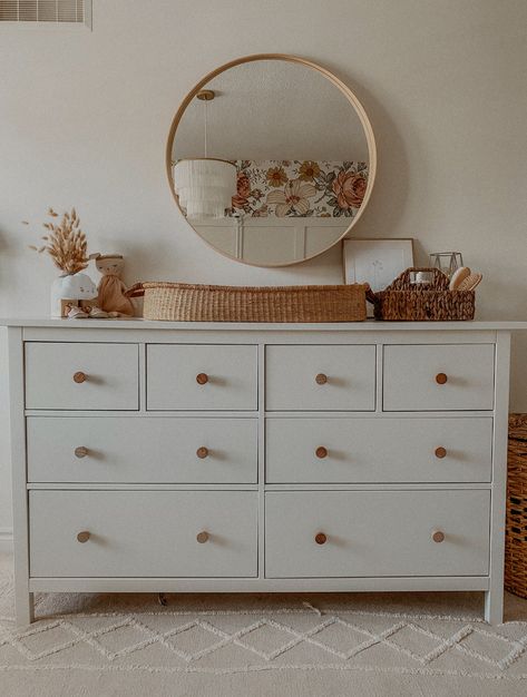 It's finally here! My home tour! I shared a reel of it over on Instagram but wanted to have an official place for it on my blog. I also have a video tour of it over on YouTube, which I'll link below too. Okay, so without further adieu, here's my new home tour! Nursery Dresser Inspiration, White And Gold Changing Table, White Dresser Changing Table, Ikea Dresser Change Table, White And Brown Nursery Furniture, Nursery With Ikea Dresser, Nursery Ikea Dresser, Dresser Changing Table Decor, Wood Crib White Dresser Nursery