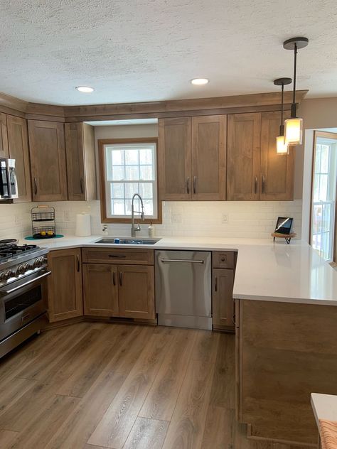 Kitchens With Brown Cabinets And White Countertops, Light Brown Stained Kitchen Cabinets, Kitchen Inspo Dark Cabinets, Coffee Brown Kitchen Cabinets, Tile Floor With Wood Cabinets, Stained Farmhouse Kitchen Cabinets, Rustic Brown Kitchen Cabinets, Light Brown Cabinets White Counter, Restained Kitchen Cabinets