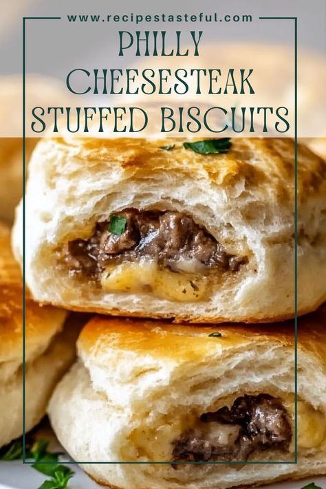 These Philly Cheesesteak Stuffed Biscuits are a delicious twist on the classic cheesesteak sandwich, combining savory roast beef, melted cheese, and sautéed veggies all tucked into buttery, flaky biscuits. Perfect for a quick dinner or game day snack! Philly Cheesesteak Stuffed Biscuits, Philly Cheese Steak Biscuit, Philly Cheese Steak Empanadas, Stuffed Biscuits Dinner, Stuffed Bread Recipes, Cheesy Breadsticks, Philly Cheese, Cheese Steak Sandwich, Flaky Biscuits