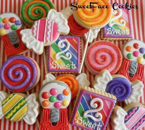 Candyland Themed Party Food, Candy Shaped Cookies, Candy Theme Cookies, Candy Decorated Cookies, Candyland Cookies, Candyland Treats, Candy Cookies Decorated, Chocolate Factory Party, Sweets Party