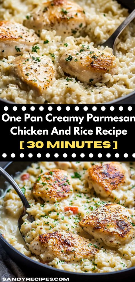 Need new dinner ideas? Try this One-Pan Creamy Parmesan Chicken and Rice Recipe! It’s a simple chicken rice recipe featuring parmesan crusted chicken, making it one of the best dinner recipes for family or dinner for two. Chicken With Parmesan Rice, Chicken Rice One Pan Meal, Chicken Parmesan Rice Recipe, One Pan Creamy Parmesan Chicken And Rice, Chicken Parmesan Rice, Chicken Breast And Rice Recipes, Parmesan Chicken Rice, One Pan Chicken And Rice, Parmesan Chicken And Rice