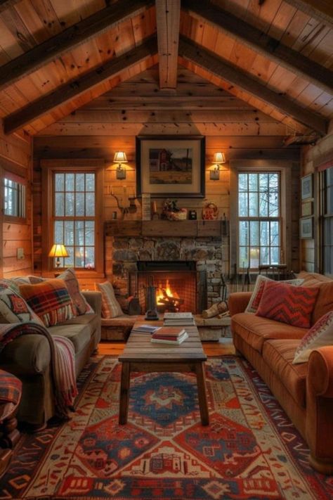 Adirondack Cabin Interior, Colorful Cabin Interior, Cabin Style Homes Interior, Cabin Cottage Interior, Cabin In The Woods Interior, Small Rustic Living Room, Cabin Decorating Ideas Rustic, Cabin Aesthetic Interiors, Warm House Interior