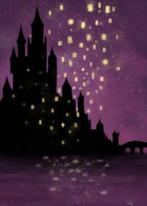 Tangled Tower Silhouette, Tangled Castle Silhouette, Repunzle Painting Ideas, Tangled Castle Painting, Tangled Castle Drawing, Tangled Pascal Drawing, Tangled Watercolor Painting, Rapunzel Lanterns Painting, Rapunzel Painting Ideas