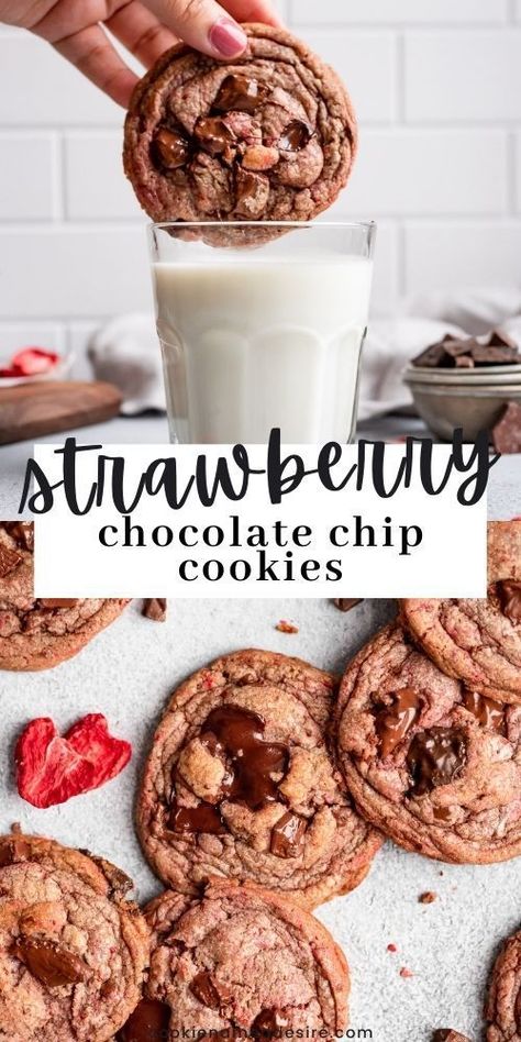 Chocolate Chip Strawberry Cookies, Strawberry Chocolate Cookies, Strawberry Chocolate Chip, Chocolate Covered Strawberry Cookies, Chocolate Strawberry Cookies, Valentine Chocolate Chip Cookies, Strawberry Chocolate Chip Cookies, Fruity Cookies, Cookie Recipes Chewy