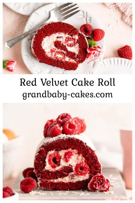 Red Velvet Cake Roll Recipe, Chocolate Raspberry Buttercream, Moist Red Velvet Cake, Red Velvet Cake Roll, Roll Cake Recipe, Cake Roll Recipes, Raspberry Buttercream, White Chocolate Cake, Buttercream Filling