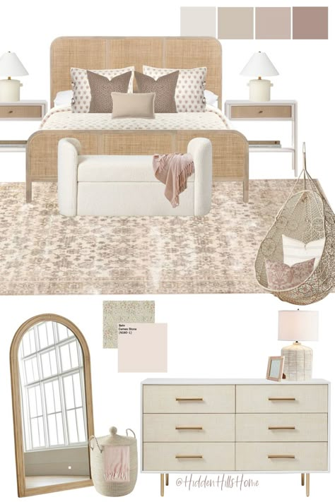 Girls bedroom decor mood board with pink and beige tones! Cute girls room decor idea Light Pink Neutral Bedroom, Girls Beige Bedroom, Beige Teenage Girl Bedroom, Girls Queen Bed, Beige And Pink Bedroom Ideas, Neutral Girls Bedroom Ideas, Teen Girl Neutral Bedroom, Beige Girls Bedroom, Neutral Teen Girl Bedroom