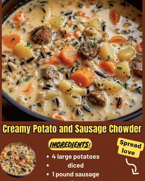 Creamy Potato and Sausage Chowder Sausage Stuffed Potatoes, Potato And Sausage Chowder, Sausage Chowder Soup, Sausage Potato Chowder, Sausage And Sweet Potato Soup, Cheesy Sausage Potato Soup, Italian Sausage And Potatoes, Sausage Chowder, Sausage And Potato Soup