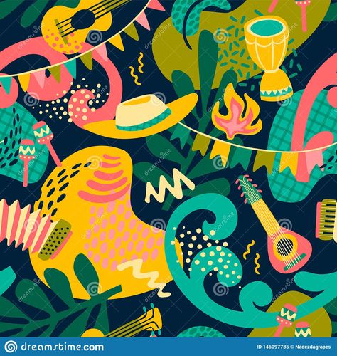 Latin Party, Brazil Carnival, American Holidays, American Holiday, Latin American Art, Seamless Pattern Vector, Latin American, Icon Illustration, Textures Patterns