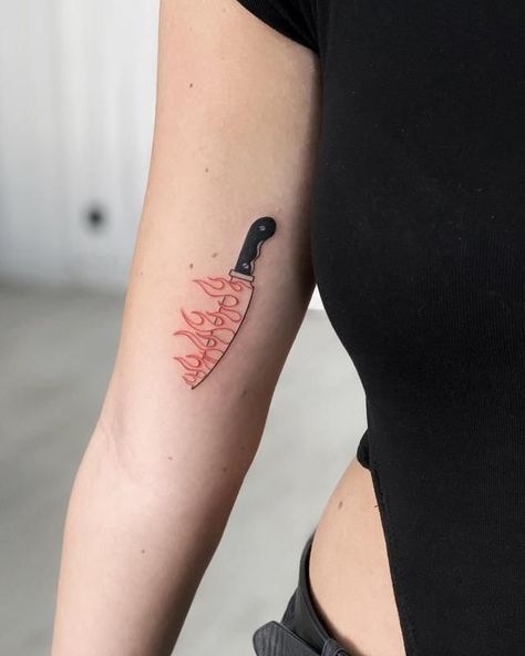 Fire Tattoo Design Ideas 2 Knife On Fire Tattoo, Fire Ankle Tattoo, Minimalist Knife Tattoo, Fire Theme Tattoo, Aries Fire Tattoo For Women, Knife Tattoo Simple, Knife Tattoo Women, Meat Cleaver Tattoo, Red Fire Tattoo