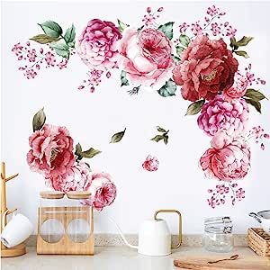 Peony Flowers Wall Sticker 3D Floral Decals, Peel and Stick Waterproof PVC Rose Flowers Wallpaper Decor Wall Murals Diy, Diy Mural, Living Room Murals, Removable Wall Art, Kids Room Wall Stickers, Diy Wall Stickers, Wall Stickers 3d, Background Diy, Flower Wall Decals