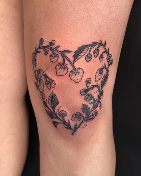 Fairytale Tattoos For Women, Nature Tattoos Aesthetic, Pretty Knee Tattoos, Knee Tats For Women, Strawberry Knee Tattoo, Tattoo Around The Knee, Below Knee Tattoo Women, Cute Knee Tattoo, Women Knee Tattoos