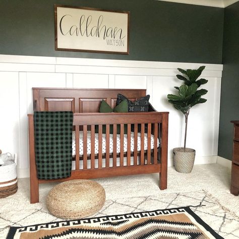 Dark Wood Nursery, Green Baby Nursery, Green Nursery Boy, Dark Nursery, Brown Nursery, Nursery Decor Green, Cozy Baby Room, Green Accent Walls, Nursery Decor Inspiration