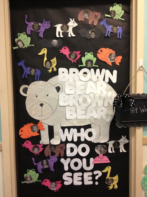 Brown Bear theme week - Brown bear classroom door Brown Bear Door Decoration, Brown Bear Classroom Door, Brown Bear Bulletin Board Ideas, Brown Bear Bulletin Board, Bear Classroom Door, Bear Theme Nursery, Eric Carle Classroom Theme, Preschool Door Decorations, Room Door Ideas