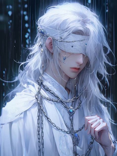 Blindfold Anime Guy, Angel Anime Boy, Blindfolded Character Art, White Hair Art, Guys With White Hair, White Hair Anime Guy, Long White Hair, Snk Cosplay, Japon Illustration