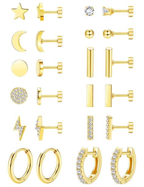 PRICES MAY VARY. 💃[CLASSIC STYLE]: One order includes 10 pairs flat back gold stud earrings, moon and star earrings; bar earrings; dot earrings; lightning bolt earrings; cz and ball earrings, and 2 small gold hoop earrings. 👧[QUALITY MATERIAL]: The gold flatback earrings are made of 316L stainless steel, with real gold plated, quality nickel free earrings and hypoallergenic earrings for sensitive ears. 💎[SIZE]: The bar thickness:20G(0.8mm), the useful length: 6mm, the diameter of screwback: 4 Flatback Earrings, Earrings Lightning, Tiny Gold Studs, Bolt Earrings, Earrings For Sensitive Ears, Dot Earrings, Rose Gold Hoop Earrings, Small Gold Hoop Earrings, Earrings Moon