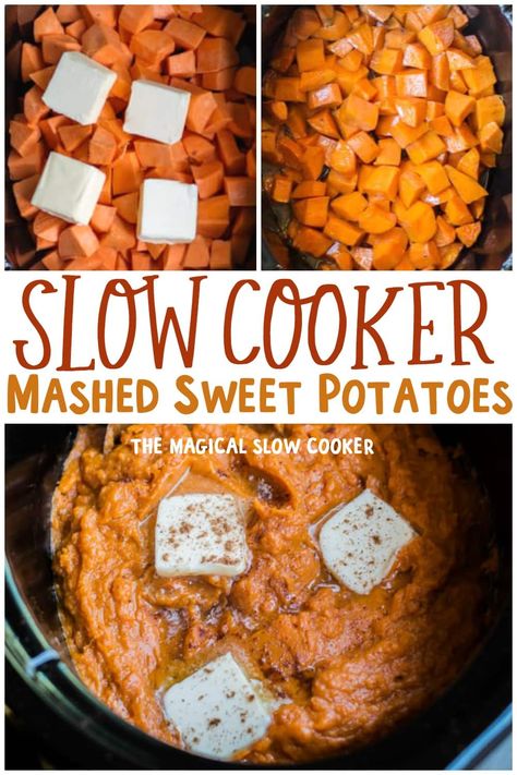 Mashed Sweet Potatoes made in the slow cooker! This recipe has butter, maple syrup, heavy cream and spices. #crockpot #slowcooker #thanksgiving #christmas Potato Slow Cooker Recipes, Sweet Potato Slow Cooker, Crockpot Sweet Potato Recipes, Potato Slow Cooker, Easy Mashed Sweet Potatoes, Crockpot Veggies, Potato Recipes Crockpot, Crock Pot Sweet Potatoes, Sweet Potato Recipes Mashed