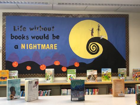 Fall Themed Library Bulletin Boards, Scholastic Book Fair Fall 2022 Theme, Halloween Bulletin Boards Library, Reading Is Magical Bulletin Board, Library Board Decoration Ideas, Fall Into Reading Bulletin Board, Fall Bulletin Board Ideas For Library, February Library Bulletin Board Ideas, Halloween Library Bulletin Board Ideas