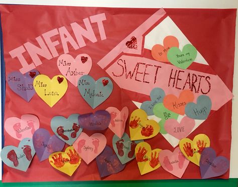 Infant Classroom Wall Ideas, Nicu Board Ideas, Valentine’s Day Infant Bulletin Board, Valentines Birthday Board Preschool, February Toddler Bulletin Boards, Valentines Day Infant Toddler Door Decoration, Valentines Bulletin Boards Infants, Infant Room Bulletin Board Ideas, Back To School Infant Bulletin Board