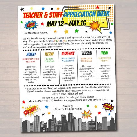 Editable Superhero Theme Teacher Appreciation Staff Invitation Newsletter Printable Appreciation Week Event Take Home Flyer INSTANT DOWNLOAD - Etsy Canada Superhero Teacher Appreciation, Teacher Appreciation Week Themes, Teacher Appreciation Luncheon, Cute Superhero, Bbq Party Invitations, Superhero Teacher, Teachers Week, Staff Appreciation Week, Appreciation Gifts Diy