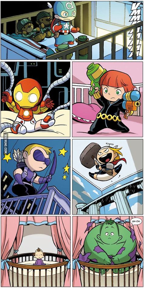 Baby Avengers - "Bruce" is going to totally love comics as a new born. I'll start looking for ballerina super heroes for "Breezy". Wallpaper Avengers, Baby Avengers, Skottie Young, Marvel Jokes, Avengers Funny, Marvel Funny, Marvel Memes, Avengers Assemble, The Villain