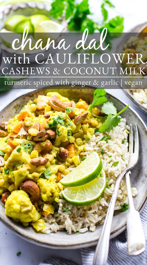 Chana dal with cauliflower and coconut milk in a bowl with rice. Recipes Vegetarian Dinner, Dinner Ideas Vegetarian, Indian Curry Recipes, Recipes Cauliflower, Vegetarian Dinner Ideas, Winter Dinners, Vegetarian Casserole, Chana Dal, Curry Recipes Indian