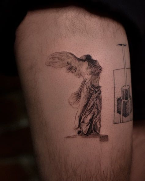 A fineline black and grey realistic realism tattoo of a statue "Winged Victory of Samothrace" Statue Of Victory Tattoo, Victory Statue Tattoo, Greek Woman Statue Tattoo, Samothrace Tattoo, Nike Of Samothrace Tattoo, Greek Statue Tattoo Minimalist, Winged Victory Tattoo, Etching Tattoos, Winged Victory Of Samothrace Tattoo