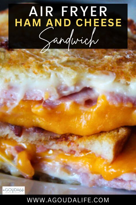 Golden, crispy Air Fryer Ham and Cheese Sandwich - warm sliced ham. gooey melty cheese and a smear of fig ham for the ultimate grilled ham sandwich in just 10 minutes! Take that holiday ham or deli ham to the next level. Makes the ideal quick and easy weeknight meal. #airfryerrecipe #airfryersandwich #grilledhamsandwich #airfryermeal #airfryergrilledhamandcheese #easyairfryerrecipe #toastedhamandcheese #agoudalife Grilled Ham And Cheese Sandwich, Fried Salami, Air Fryer Ham, Simple Air Fryer Recipes, Cooked Salmon, Grilled Ham And Cheese, Crispy Bread, Ham Sandwich, Quick Lunch Recipes