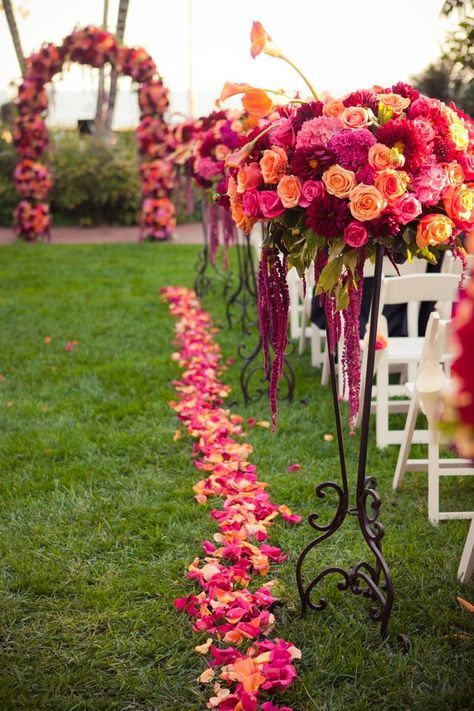 Rose petal lined aisle with matching arch and end-row bouquets Orange And Pink Wedding, Flowers Ribbon, Bold Flowers, Boda Mexicana, Wedding Aisle Decorations, Bright Wedding, Sunset Wedding, Flower Invitation, Orange Wedding