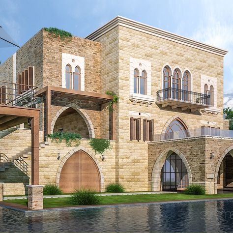 Lebanese House, Lebanese Architecture, Houses Traditional, Arabic House, Arabic Architecture, Indian House Exterior Design, White Exterior Houses, Sims Houses, Classic Villa