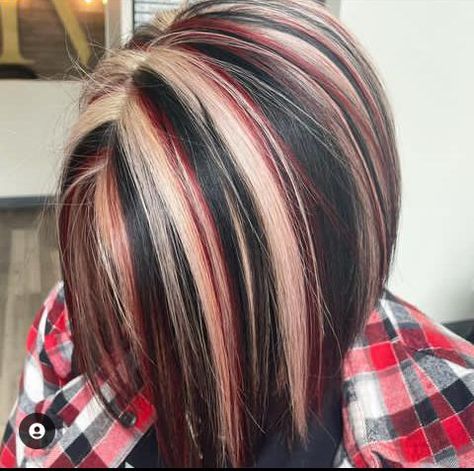 Blonde Red Black Highlights, Red Black And Blonde Hair Color Ideas, Blonde Red Black Hair, Calico Hair Color Short, Dark Brown Hair With Red And Blonde Highlights, Blonde Red And Black Hair, Brown Hair With Red And Blonde Highlight, Haircolour Ideas, Choosing Hair Color