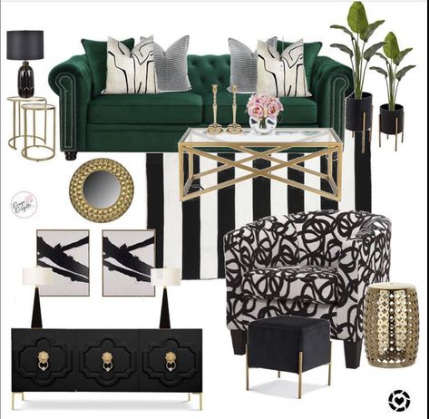 Emerald Green Living Room Ideas, White Living Room Inspiration, Black White Gold Living Room, Emerald Green Living Room, Black Apartment, Small Studio Apartment Decorating, Walls Ideas, Green Accent Walls, Black And White Living Room