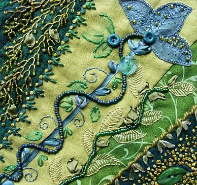 Bead, button, embroidery. - Inspiration for my butterfly quilt. -Klasko Crazy Quilts Patterns, Crazy Quilt Stitches, Crazy Quilt Blocks, Crazy Patchwork, Crazy Quilting, Crazy Quilt, 자수 디자인, Silk Ribbon Embroidery, Quilt Stitching