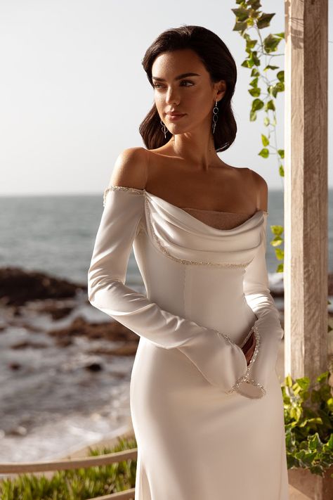 Silk Satin Off-the-Shoulder Wedding Gown | Cowl Neck Design | Sparkling Jewels | Sophistication and Dazzle | Marelli Exclusive Boat Dress, Antoinette Dress, Sequin Evening Gowns, Queen Dress, Sleeve Wedding Dress, Satin Wedding Dress, Long Sleeve Wedding, Fantasy Dress, Satin Wedding