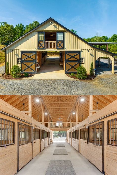 This barn is a 36x48 High Profile Modular Barn. Click the link to compare our horse barn styles on our website! Small Horse Farm Ideas, Pole Barn Horse Barns, Horse Barn Blueprints, Horses At Home, Small Barn Ideas Horse, 8 Stall Horse Barn Plans, Barn Ideas For Animals, Western Barn Ideas, Horse Farm Layout With House