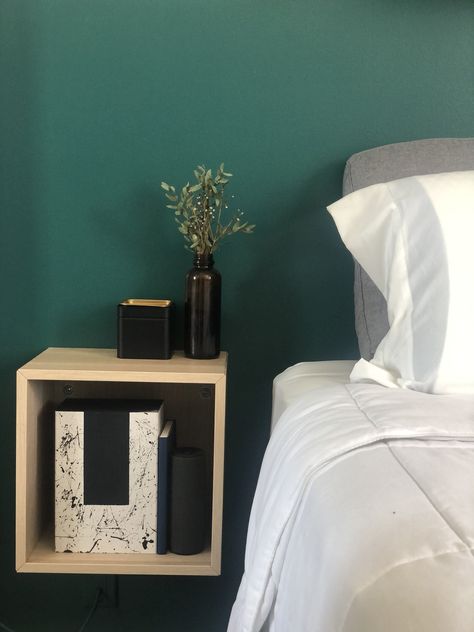 Floating Box Bedside Table, Headboard And Side Table Ideas, Ikea Eket Bedside Table, Floating Bed Side Table, Cube Nightstand, Cube Bedside Table, Ikea Cube, Ikea Storage Cubes, Downstairs Ideas