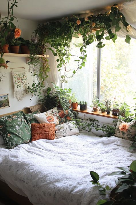 How a Plant Lover Transformed Their Bedroom Into an Urban Jungle in Two Weeks Indoor Jungle Aesthetic, Jungle Themed Bedroom Adult, Bedroom Full Of Plants, Urban Jungle Aesthetic, Room Decor With Plants, Room Inspo Plants, Plant Decor Bedroom, Hobbit Bedroom, Bedroom With Plants