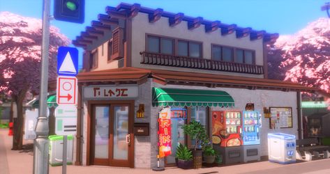 Kawaii Cafe Bloxburg, Maid Cafe Exterior, Retro Cafe Exterior, Sims 4 Bakery Ideas, Kawaii Cafe Exterior, Japanese Cafe Exterior, Boba Shop Exterior, Sims 4 Korean House, Cute Cafe Exterior