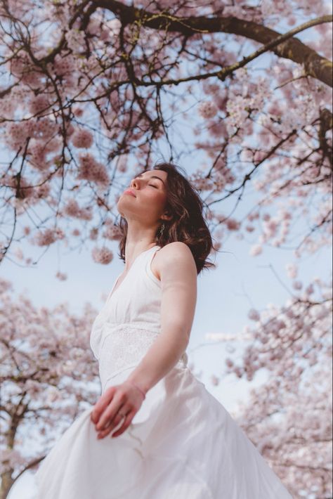 Poses With Cherry Blossoms, Spring Blossom Photoshoot, Cherry Blossom Portrait Photography, Cherry Blossom Senior Pictures, Cherry Blossom Shoot, Cherry Blossom Photo Ideas, Cherry Blossoms Photoshoot, Cherry Blossom Poses, Peach Blossom Photoshoot