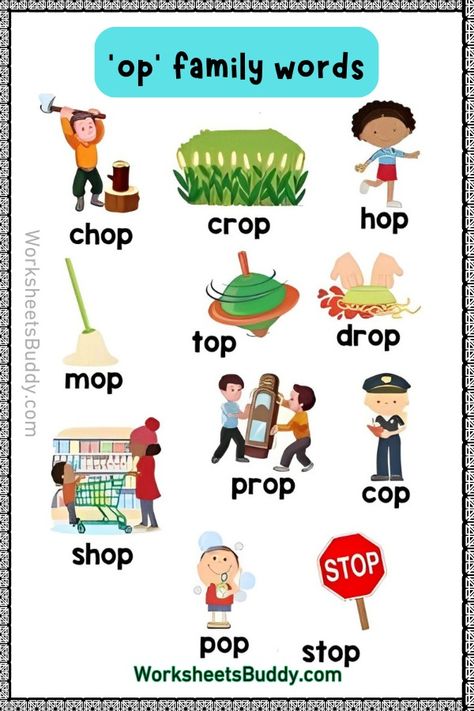 OP Word Family Worksheets For Kindergarten Op Word Family, Ab Family Words Worksheets, Og Word Family Worksheets, Word Families Worksheets, Word Family An Worksheets, Short O Word Families, Letter W Activities, Word Family List, Counting Worksheets For Kindergarten